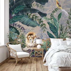 Luxurious Jungle Safari Wallpaper Mural Lions and Tropical Foliage