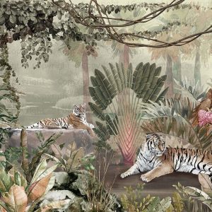 Exquisite Jungle Wallpaper Mural Tigers Tropical Flora Exotic Birds