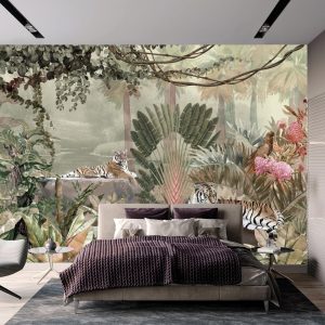 Exquisite Jungle Wallpaper Mural Tigers Tropical Flora Exotic Birds