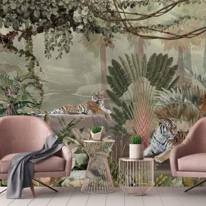 Exquisite Jungle Wallpaper Mural Tigers Tropical Flora Exotic Birds