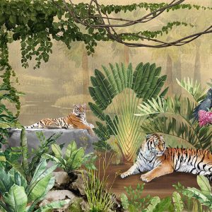 Exquisite Jungle Wallpaper Mural Tigers Tropical Flora Exotic Birds