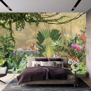 Exquisite Jungle Wallpaper Mural Tigers Tropical Flora Exotic Birds