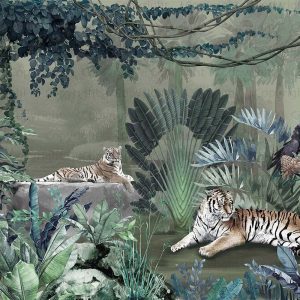 Exquisite Jungle Wallpaper Mural Tigers Tropical Flora Exotic Birds