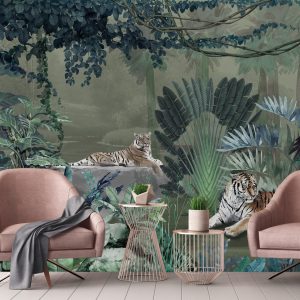 Exquisite Jungle Wallpaper Mural Tigers Tropical Flora Exotic Birds