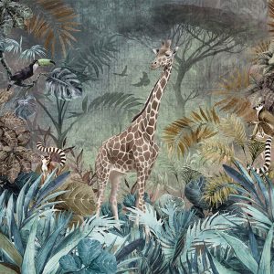 Enchanting Safari Wallpaper Mural Giraffe and Lemurs