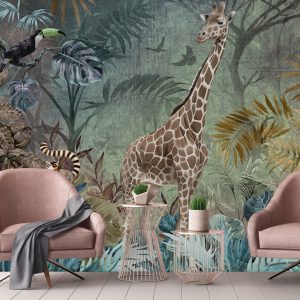 Enchanting Safari Wallpaper Mural Giraffe and Lemurs