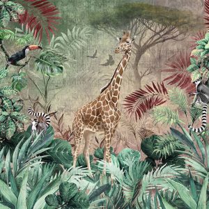 Enchanting Safari Wallpaper Mural Giraffe and Lemurs