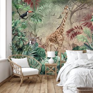 Enchanting Safari Wallpaper Mural Giraffe and Lemurs