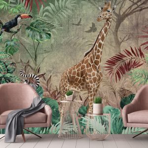 Enchanting Safari Wallpaper Mural Giraffe and Lemurs