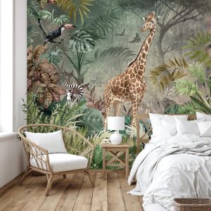 Enchanting Safari Wallpaper Mural Giraffe and Lemurs