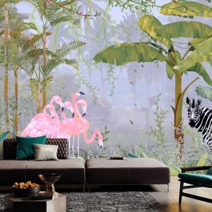Exotic Tropical Jungle Wallpaper Mural Flamingos and Zebra