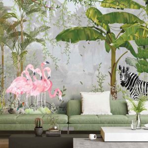 Exotic Tropical Jungle Wallpaper Mural Flamingos and Zebra