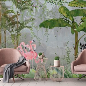 Exotic Tropical Jungle Wallpaper Mural Flamingos and Zebra