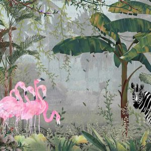 Exotic Tropical Jungle Wallpaper Mural Flamingos and Zebra