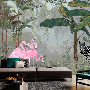 Exotic Tropical Jungle Wallpaper Mural Flamingos and Zebra
