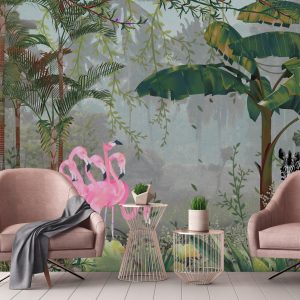Exotic Tropical Jungle Wallpaper Mural Flamingos and Zebra