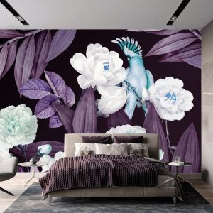 Exotic Flowers Night Garden Wallpaper Mural Tropical Bird