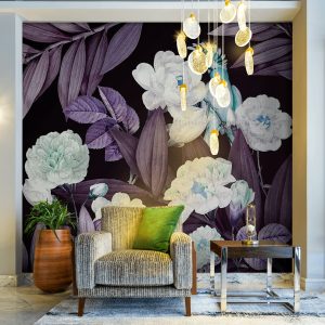 Exotic Flowers Night Garden Wallpaper Mural Tropical Bird