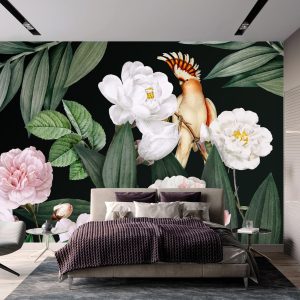 Exotic Flowers Night Garden Wallpaper Mural Tropical Bird