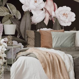 Exotic Flowers Night Garden Wallpaper Mural Tropical Bird