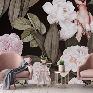 Exotic Flowers Night Garden Wallpaper Mural Tropical Bird