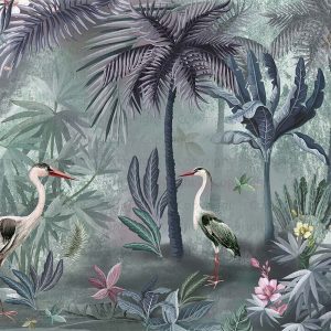 Serene Tropical Oasis Wallpaper Mural Herons and Palm Trees