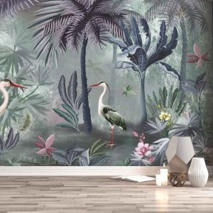 Serene Tropical Oasis Wallpaper Mural Herons and Palm Trees