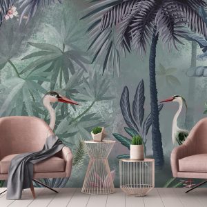 Serene Tropical Oasis Wallpaper Mural Herons and Palm Trees