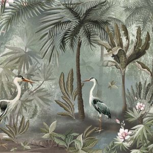 Serene Tropical Oasis Wallpaper Mural Herons and Palm Trees