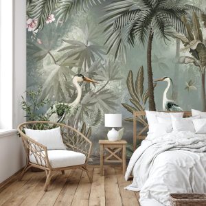Serene Tropical Oasis Wallpaper Mural Herons and Palm Trees