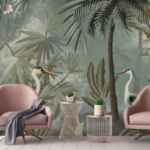 Serene Tropical Oasis Wallpaper Mural Herons and Palm Trees