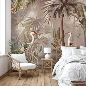 Serene Tropical Oasis Wallpaper Mural Herons and Palm Trees