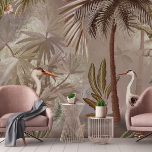 Serene Tropical Oasis Wallpaper Mural Herons and Palm Trees