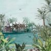 Tranquil Lakeside Pavilion Mural Tropical Palms Black Swan