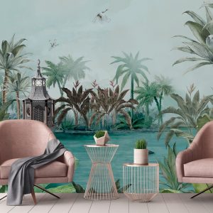 Tranquil Lakeside Pavilion Mural Tropical Palms Black Swan