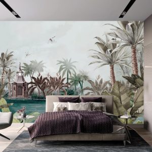 Tranquil Lakeside Pavilion Mural Tropical Palms Black Swan