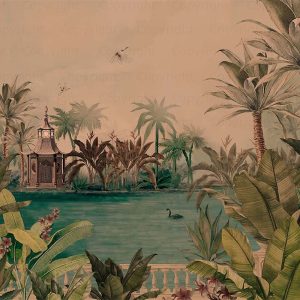 Tranquil Lakeside Pavilion Mural Tropical Palms Black Swan