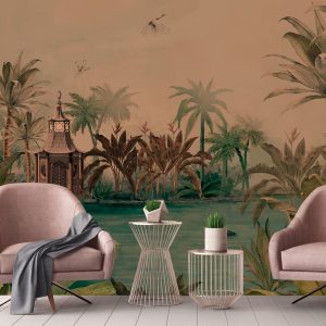 Tranquil Lakeside Pavilion Mural Tropical Palms Black Swan