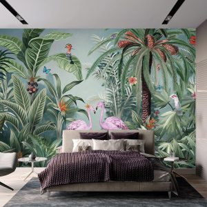 Vibrant Tropical Paradise Wallpaper Mural Flamingos Wildlife