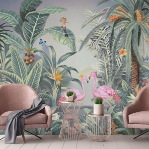 Vibrant Tropical Paradise Wallpaper Mural Flamingos Wildlife