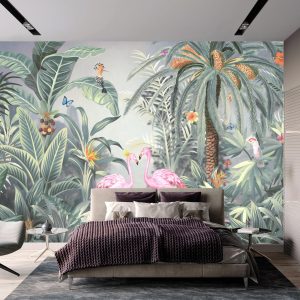 Vibrant Tropical Paradise Wallpaper Mural Flamingos Wildlife