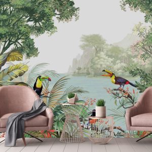 Vibrant Tropical Landscape Toucan Birds Wallpaper Mural