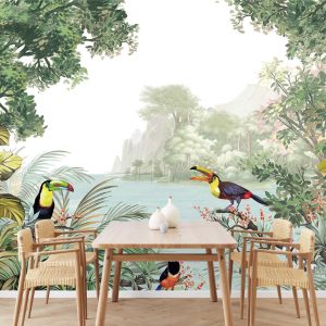 Vibrant Tropical Landscape Toucan Birds Wallpaper Mural