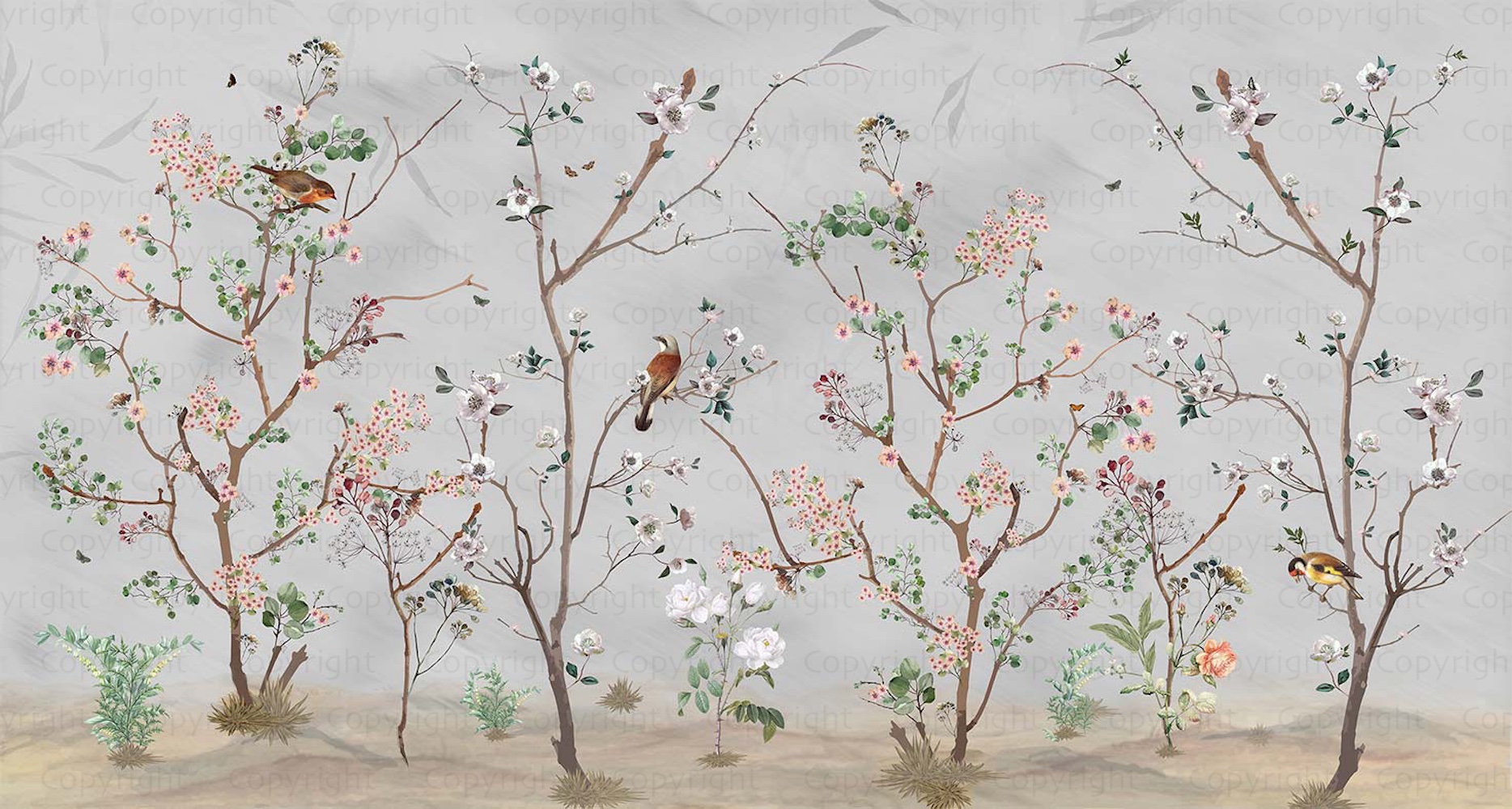 Hand-Painted Serene Floral Symphony Wallpaper Mural 1 Hand-Painted Serene Floral Symphony Wallpaper Mural