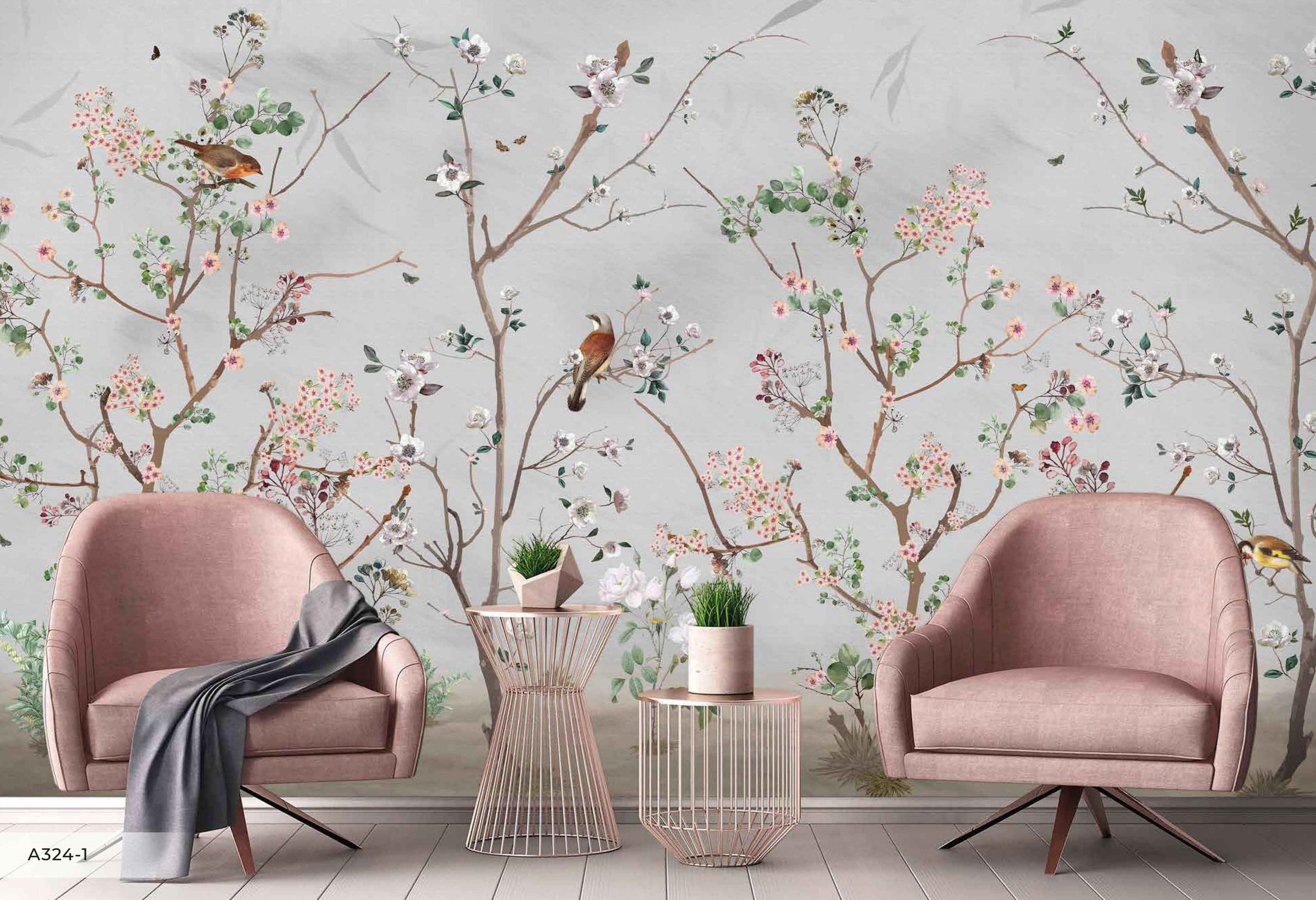 Hand-Painted Serene Floral Symphony Wallpaper Mural 3 Hand-Painted Serene Floral Symphony Wallpaper Mural