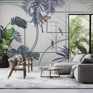 Modern Tropical Jungle Wallpaper Mural with Monkeys and Exotic Birds