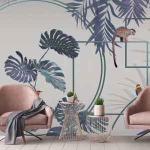 Modern Tropical Jungle Wallpaper Mural with Monkeys and Exotic Birds