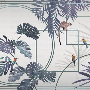 Modern Tropical Jungle Wallpaper Mural with Monkeys and Exotic Birds
