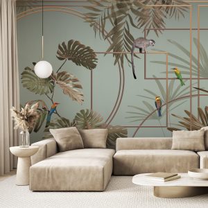 Modern Tropical Jungle Wallpaper Mural with Monkeys and Exotic Birds