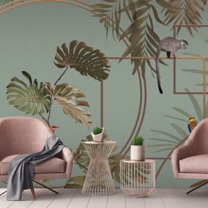 Modern Tropical Jungle Wallpaper Mural with Monkeys and Exotic Birds